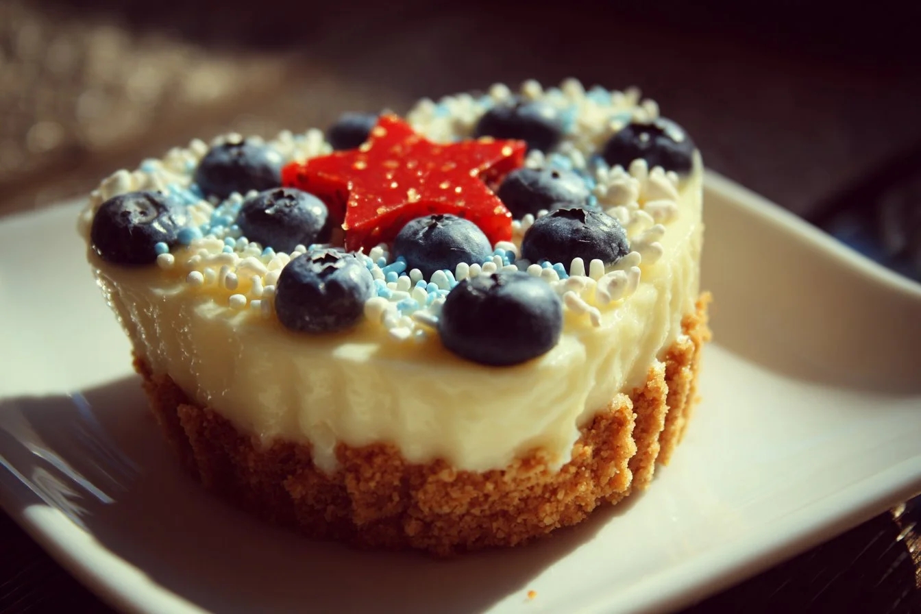 A colorful spread of Fourth of July desserts featuring berries and whipped cream.