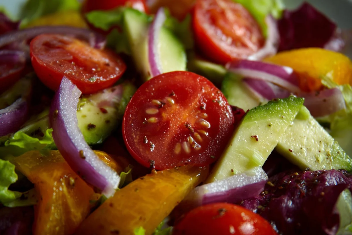 Colorful fresh salad with mixed greens, cherry tomatoes, and cucumber