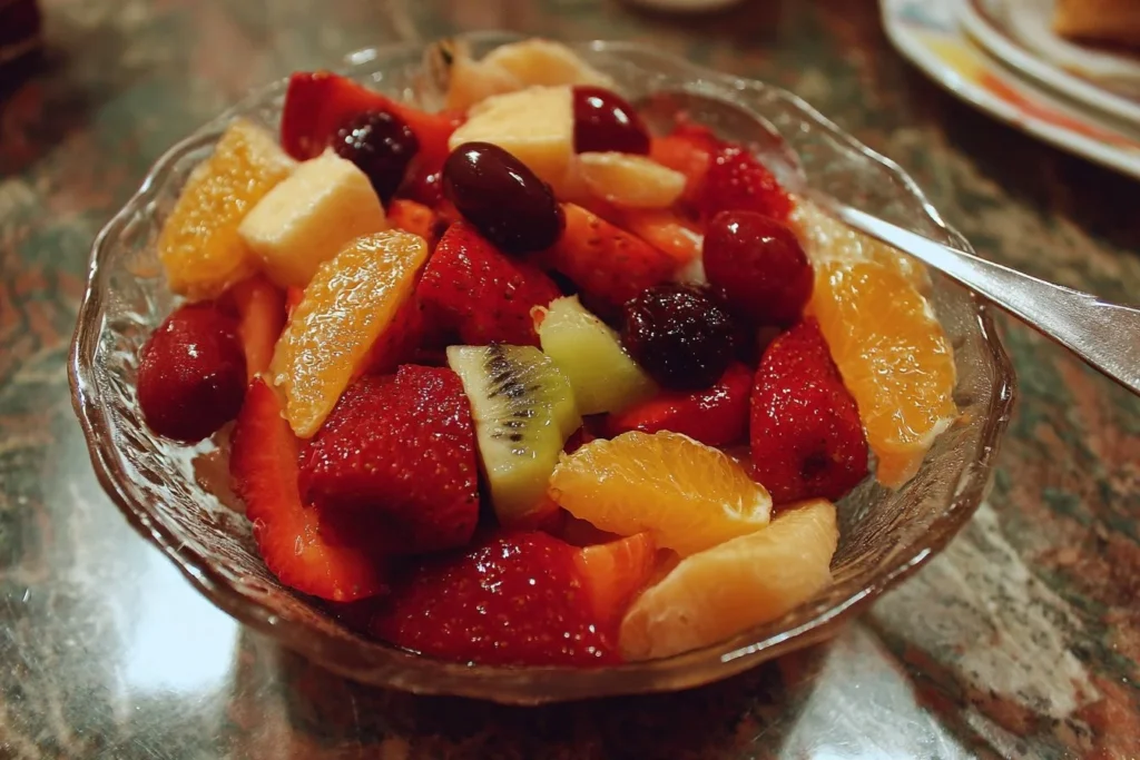 Colorful fruit salad with strawberries, blueberries, and tropical fruits in a bowl.