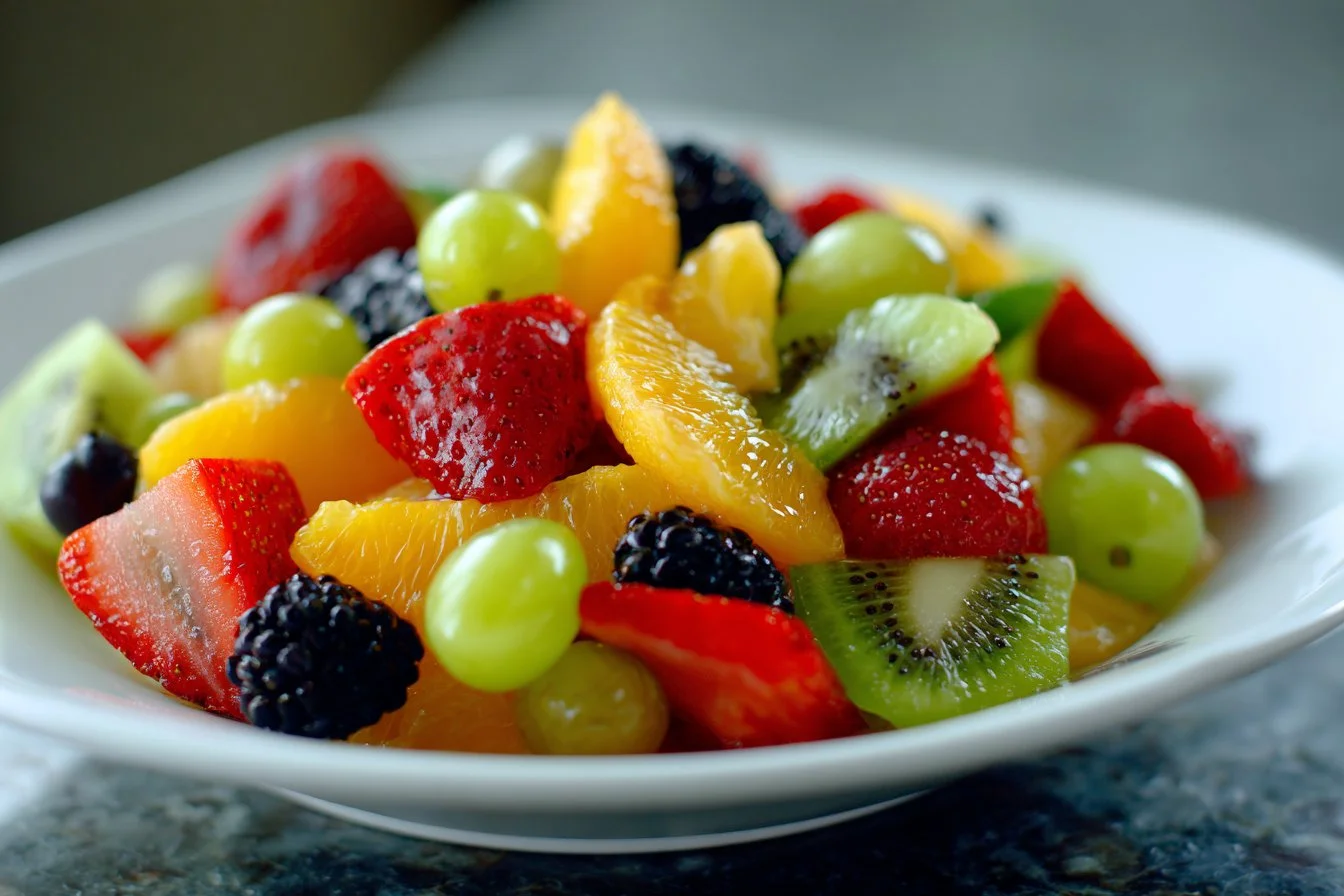 Colorful fruit salad with a variety of fresh fruits in a bowl
