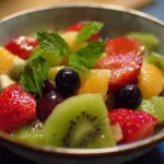 A colorful bowl of fresh fruit salad with various fruits, healthy and vibrant.