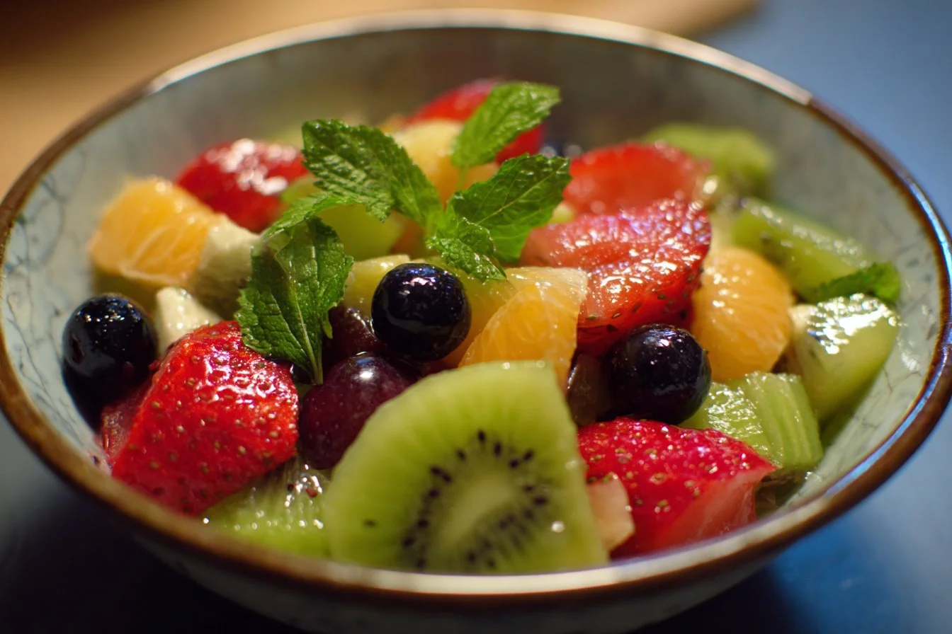 A colorful bowl of fresh fruit salad with various fruits, healthy and vibrant.