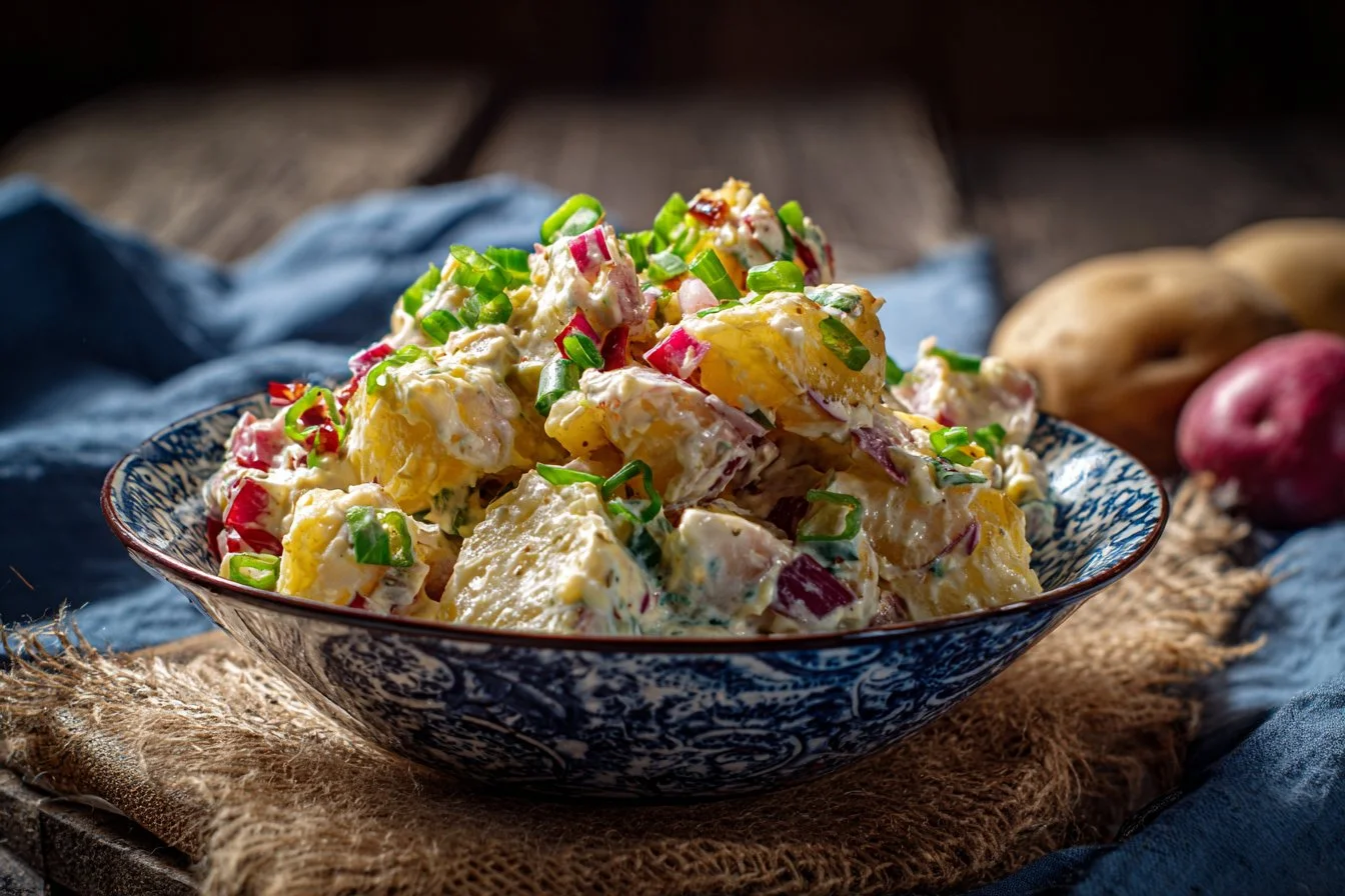 Bowl of traditional German Potato Salad with fresh herbs and dressing