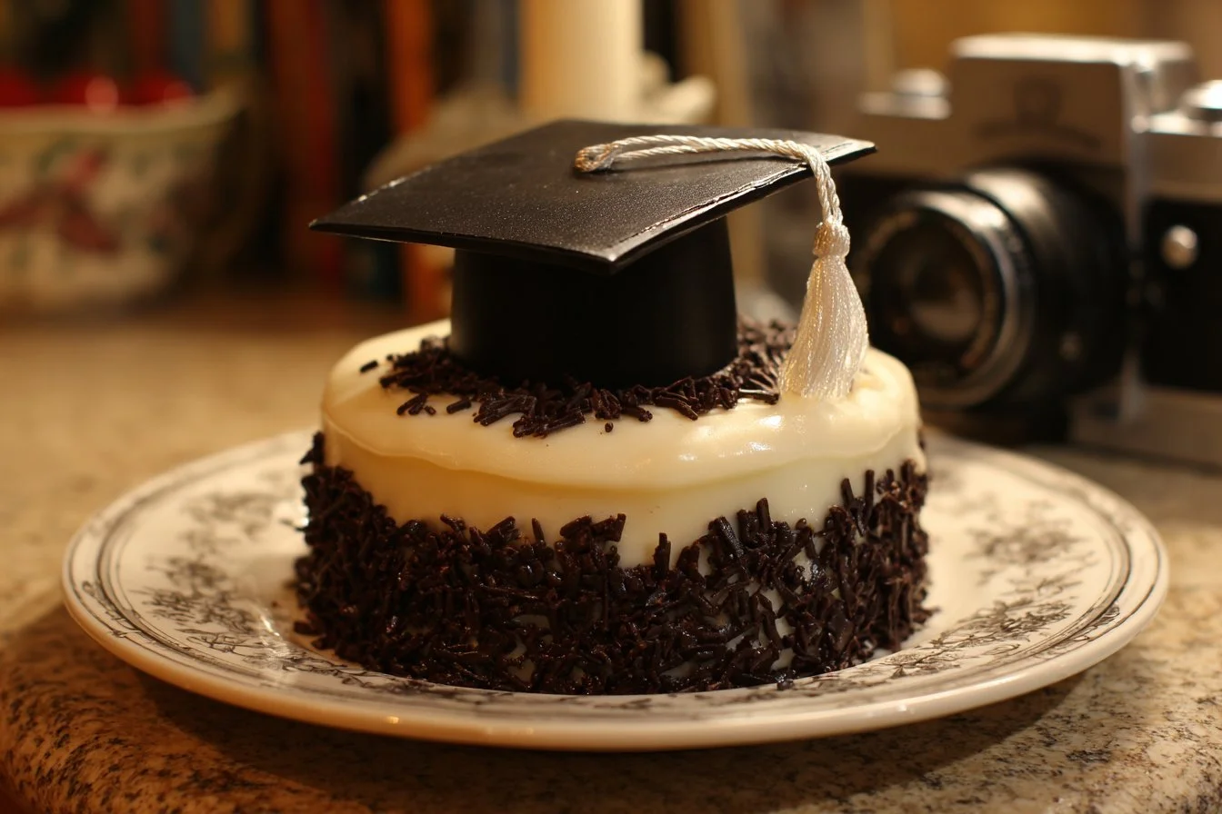 A beautiful grad cake decorated with a graduation cap and diploma.