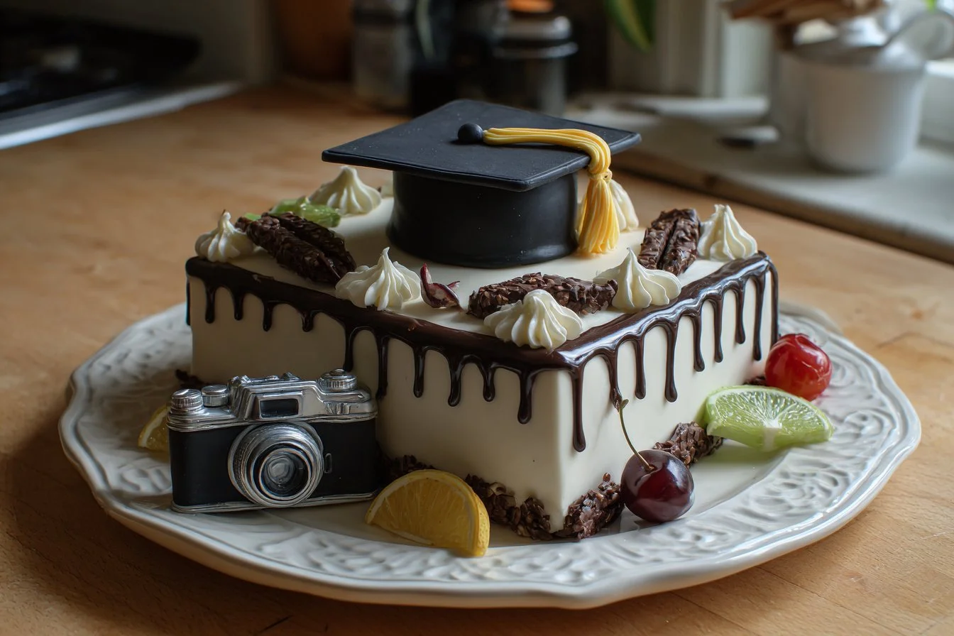 Stylish graduation cake for boys decorated in academic themes