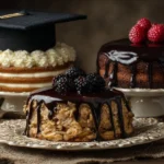 Delicious graduation cake decorated with cap and diploma for celebration