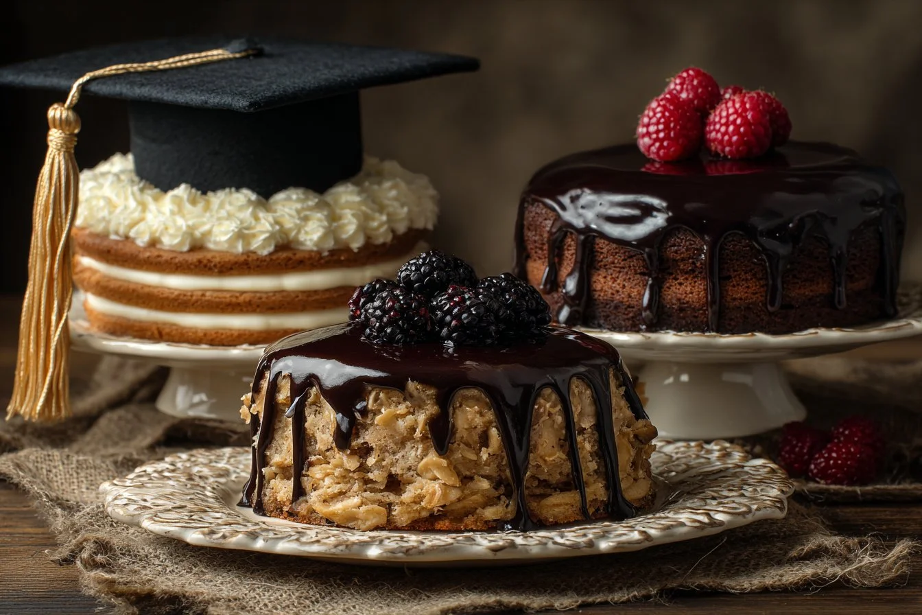 Delicious graduation cake decorated with cap and diploma for celebration