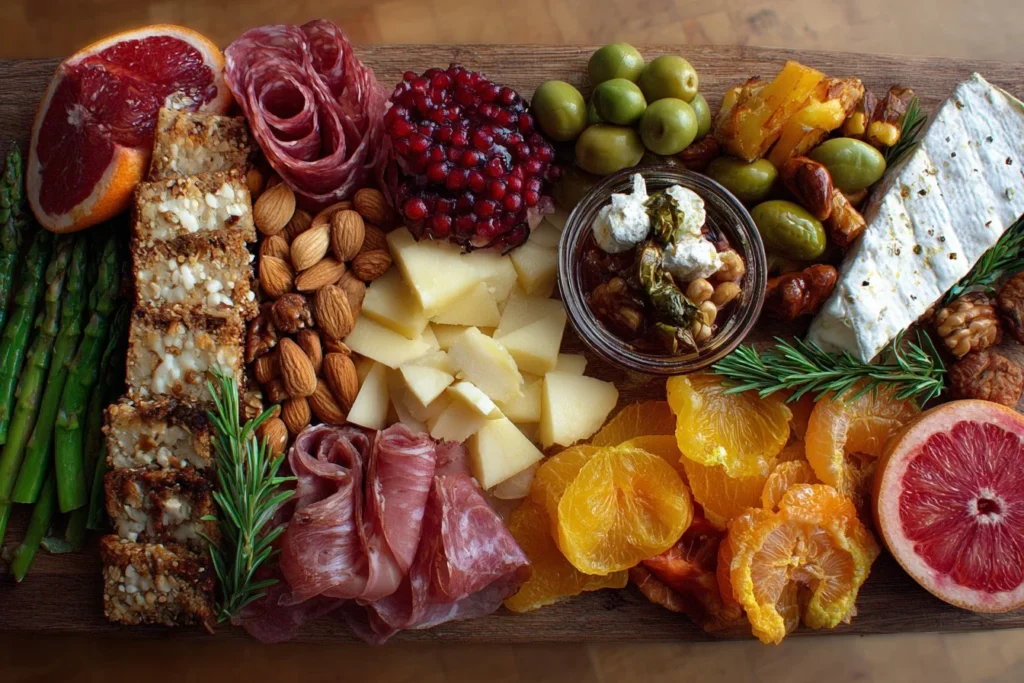 Beautiful graduation charcuterie board filled with cheeses, fruits, and meats.