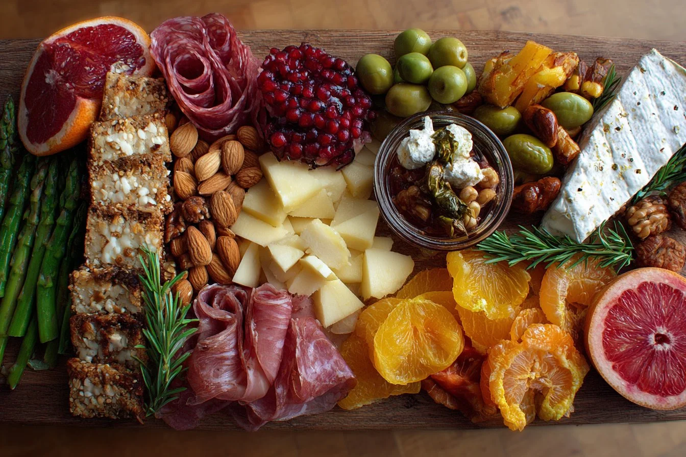 Beautiful graduation charcuterie board filled with cheeses, fruits, and meats.