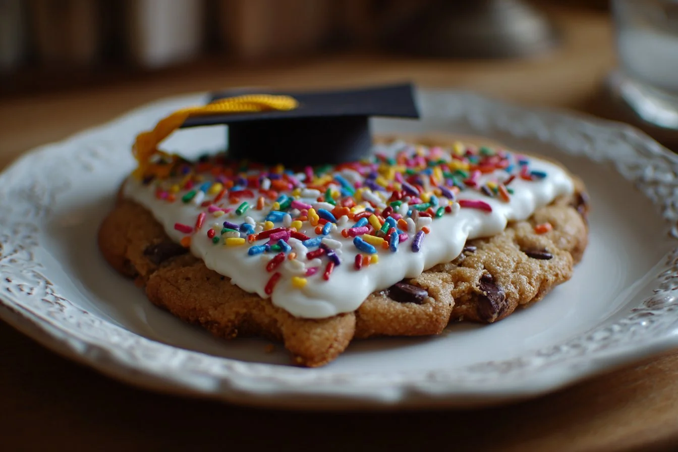 Deliciously decorated Graduation Cookie Cake for graduation celebrations.