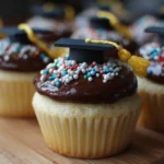 Beautiful graduation cupcakes decorated with caps and diplomas for celebration.