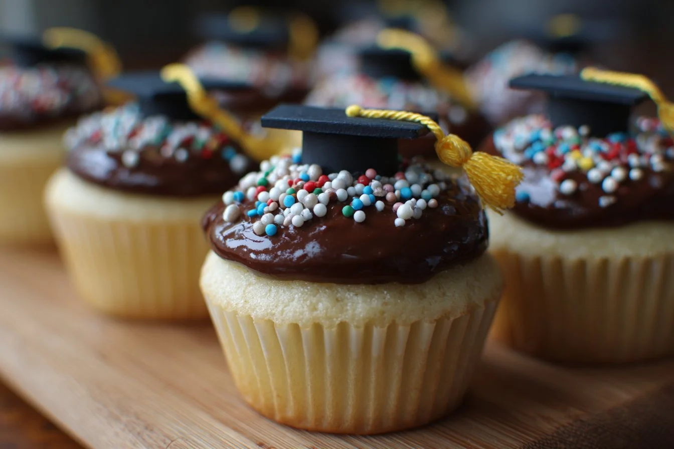 Beautiful graduation cupcakes decorated with caps and diplomas for celebration.