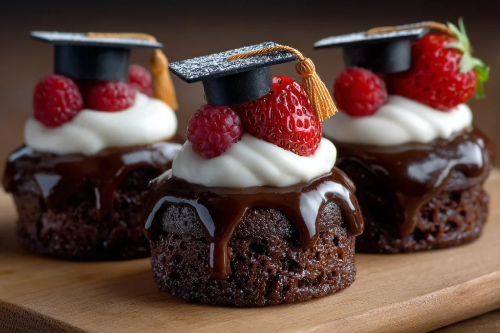 A variety of colorful graduation desserts featuring cupcakes and themed cakes.