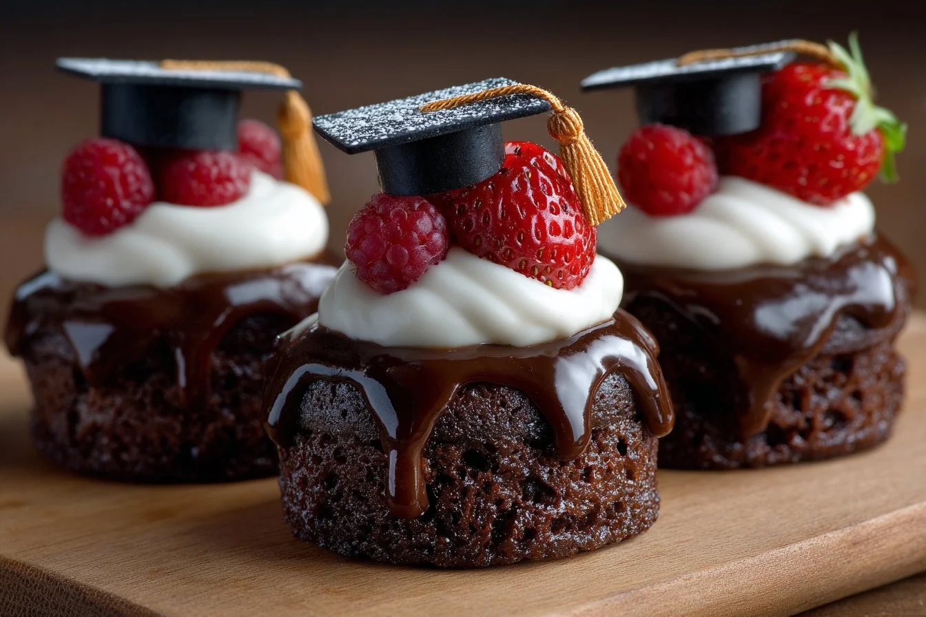 A variety of colorful graduation desserts featuring cupcakes and themed cakes.