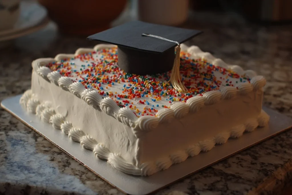 Delicious graduation sheet cake decorated with vibrant colors and themed designs.