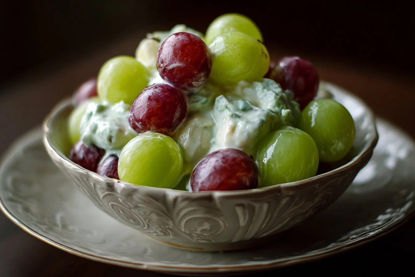 A vibrant grape salad with fresh grapes, nuts, and dressing in a bowl