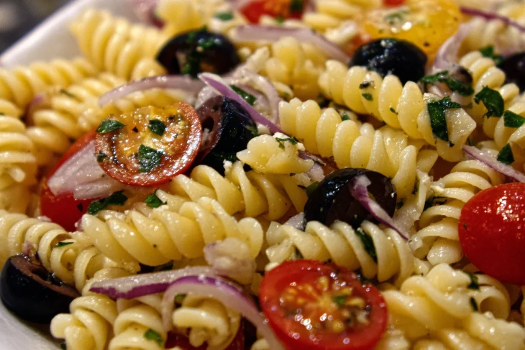 Delicious Greek Pasta Salad with olives, feta, and tomatoes in a bowl