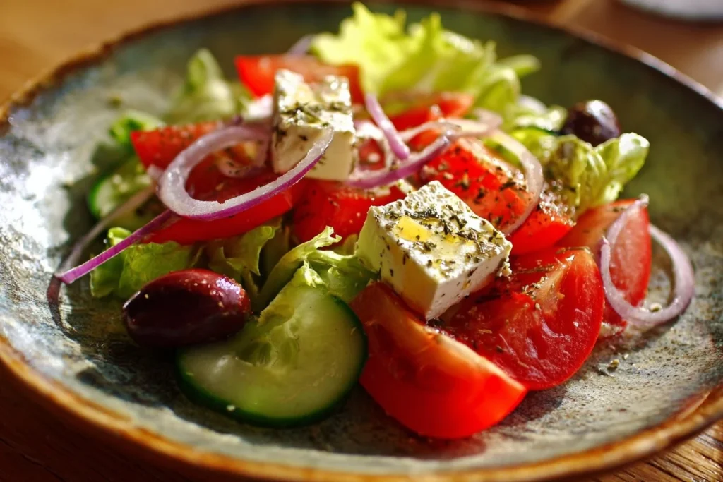 A vibrant Greek Salad with cucumbers, tomatoes, olives, and feta cheese.