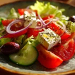 A vibrant Greek Salad with cucumbers, tomatoes, olives, and feta cheese.