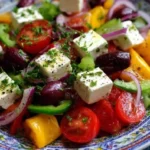 Delicious Greek Salad with fresh vegetables, feta cheese, and olives.