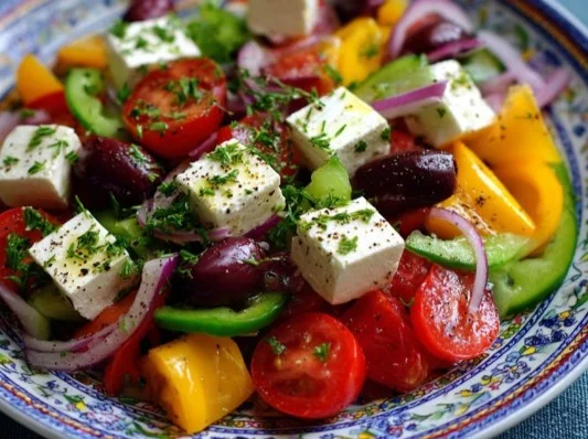 Delicious Greek Salad with fresh vegetables, feta cheese, and olives.
