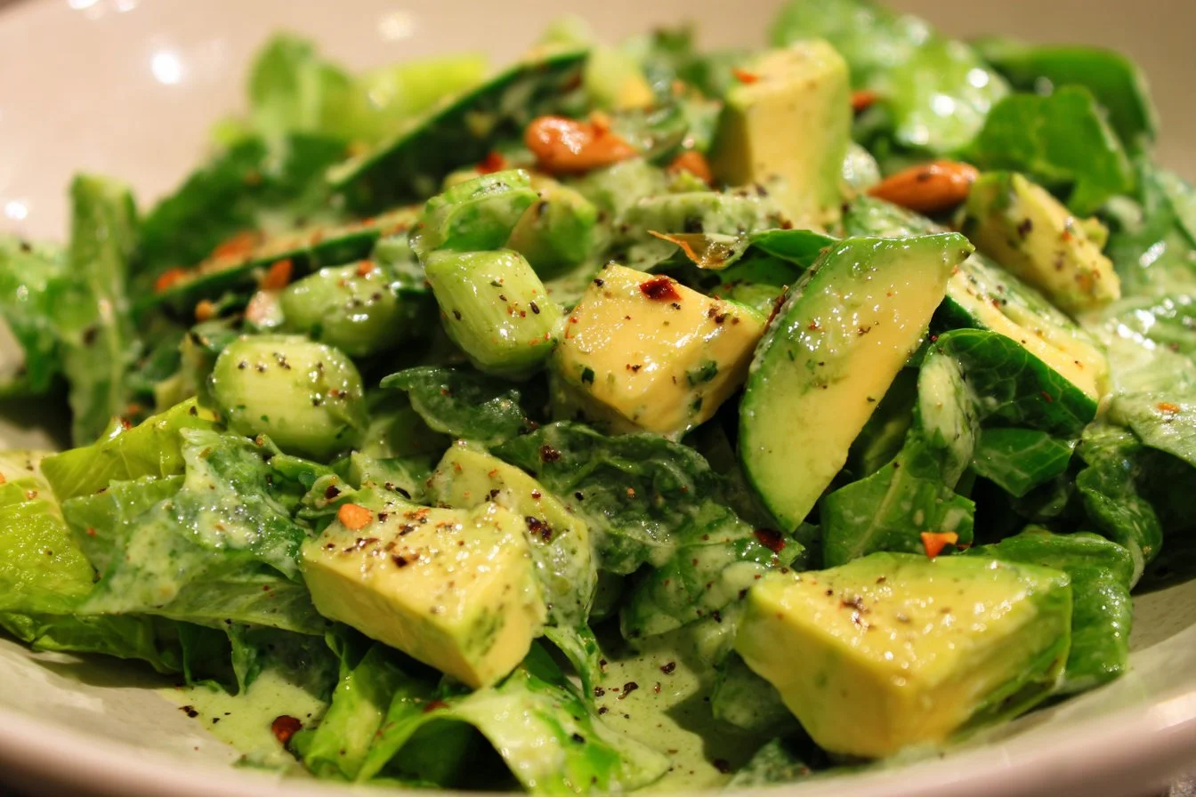 Fresh and colorful Green Goddess Salad with creamy dressing and vibrant vegetables