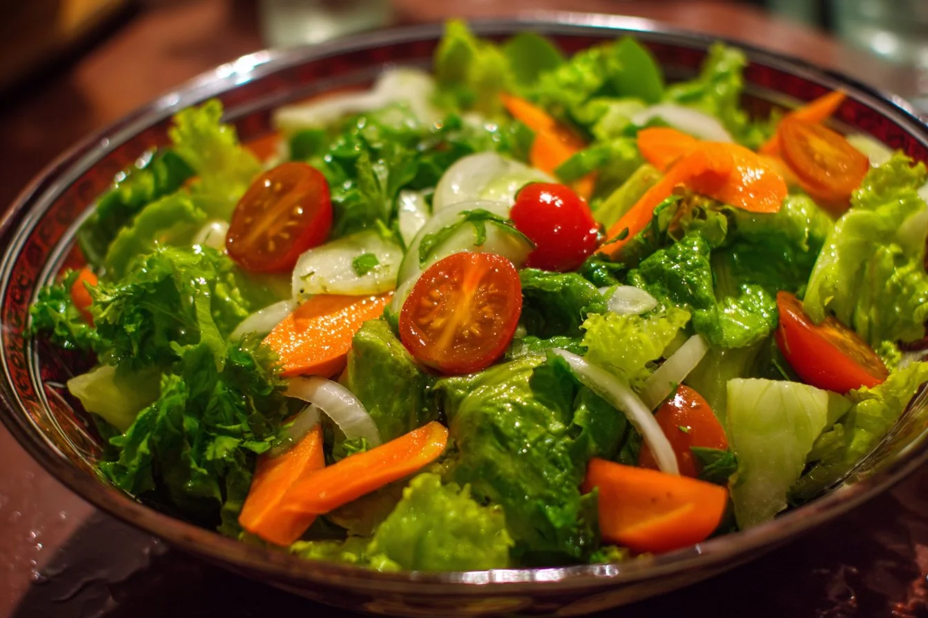 Fresh green salad with mixed greens and colorful vegetables