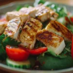 Fresh and vibrant grilled chicken salad with vegetables and toppings