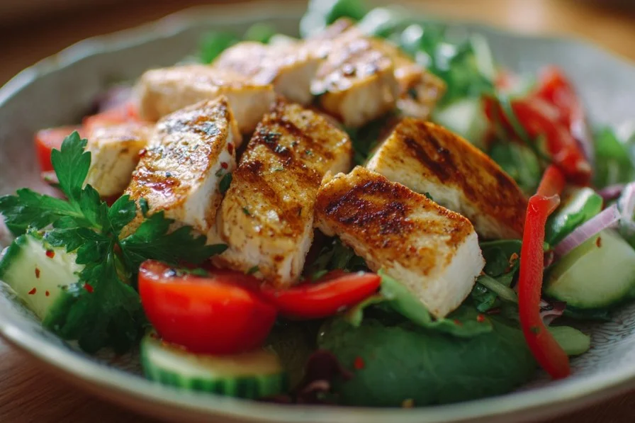 Fresh and vibrant grilled chicken salad with vegetables and toppings