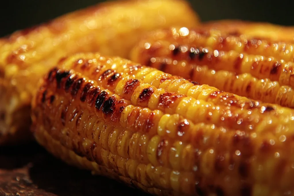 Deliciously grilled corn on the cob served with seasoning and herbs.