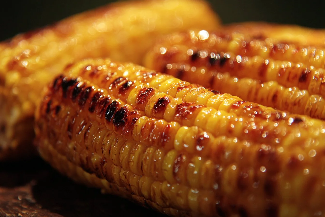 Deliciously grilled corn on the cob served with seasoning and herbs.
