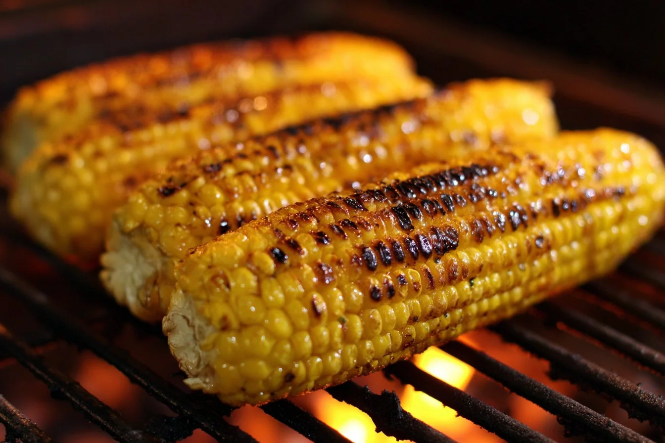 Delicious grilled corn on the cob garnished with herbs and spices.