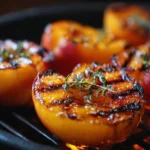 Deliciously grilled peaches served on a plate with fresh mint leaves