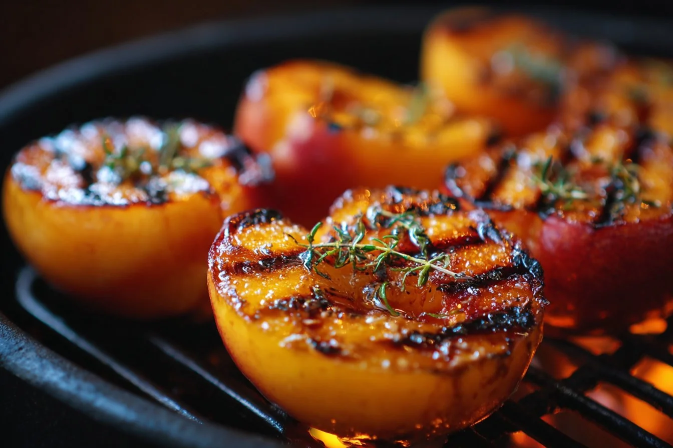 Deliciously grilled peaches served on a plate with fresh mint leaves