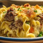 Delicious beef noodle casserole with ground beef and egg noodles baked to perfection
