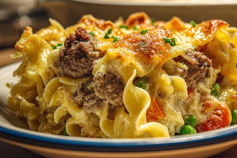 Delicious beef noodle casserole with ground beef and egg noodles baked to perfection