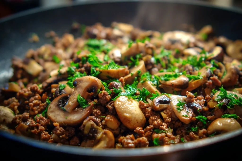 Ground beef and mushroom skillet recipe in a pan