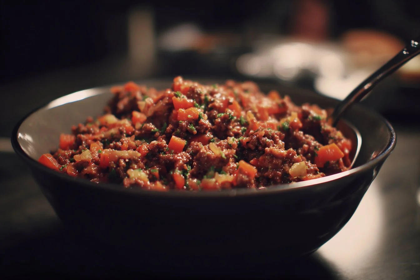 Delicious and nutritious Ground Beef Bowl recipe with fresh vegetables and spices.