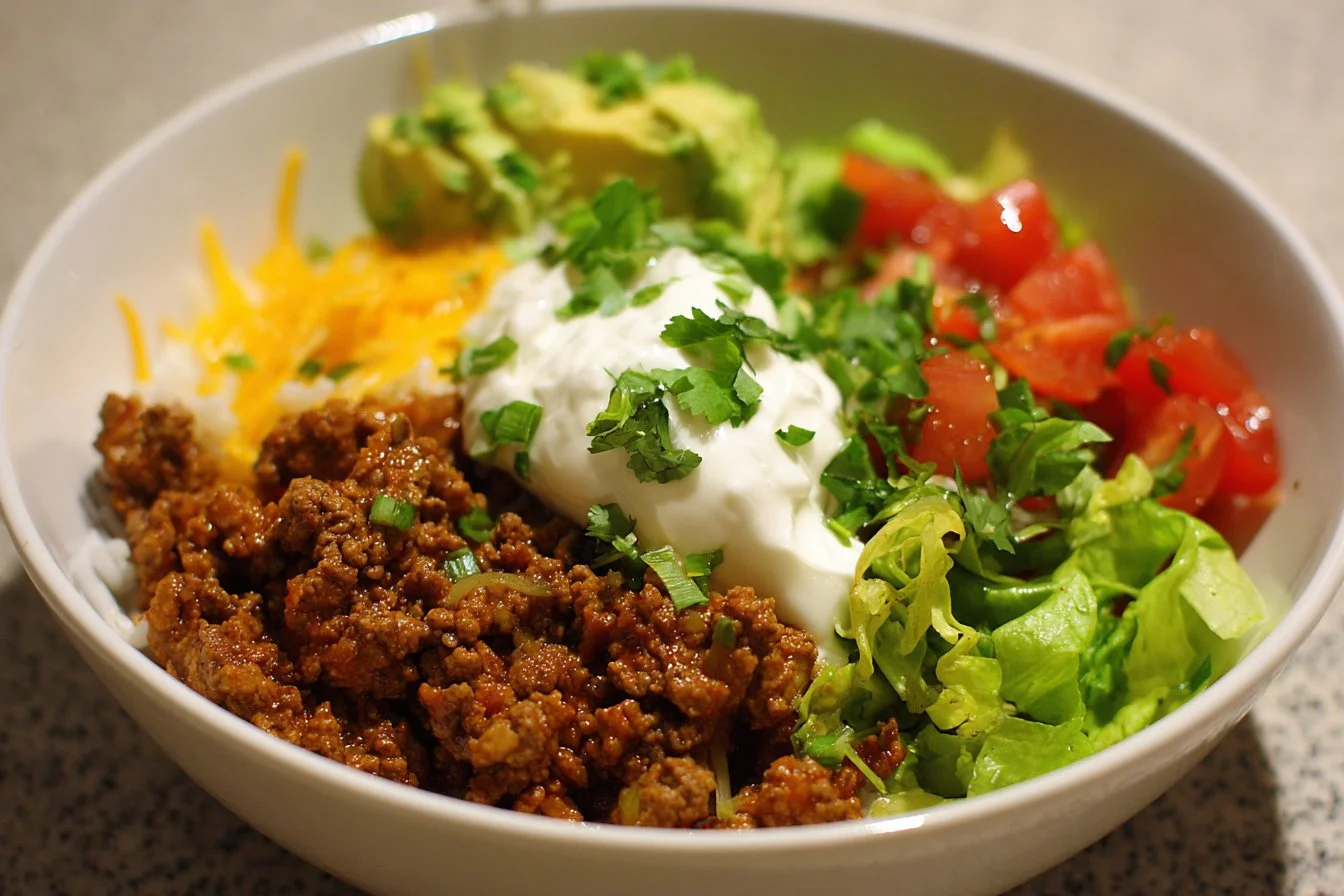 Delicious Ground Beef Burrito Bowl with fresh ingredients