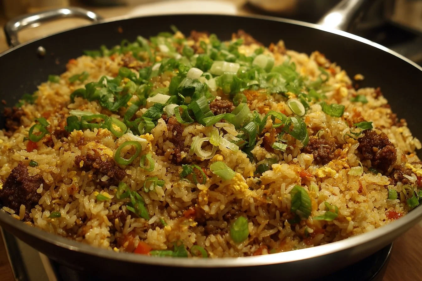Delicious ground beef fried rice served in a bowl with colorful vegetables