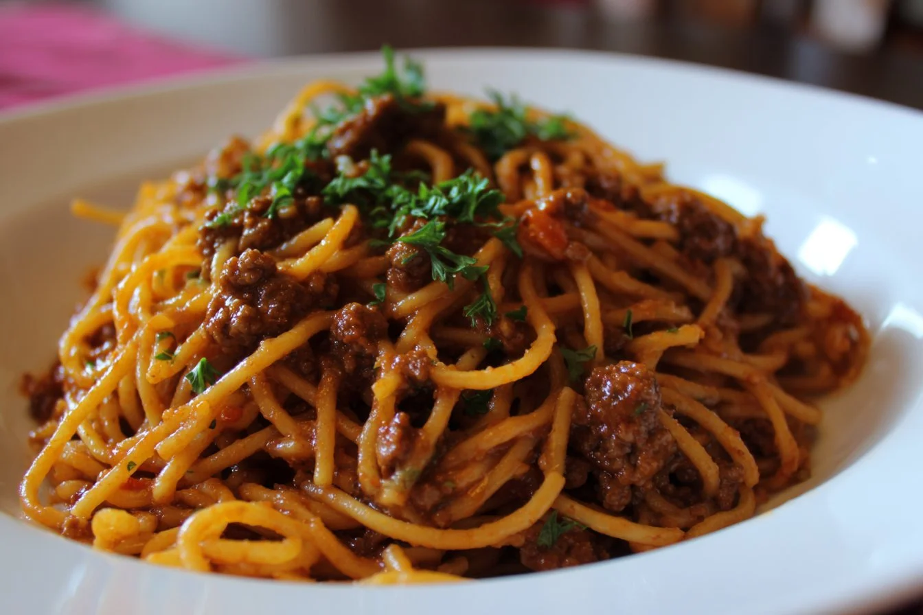 A delicious plate of ground beef pasta with tomato sauce and herbs.