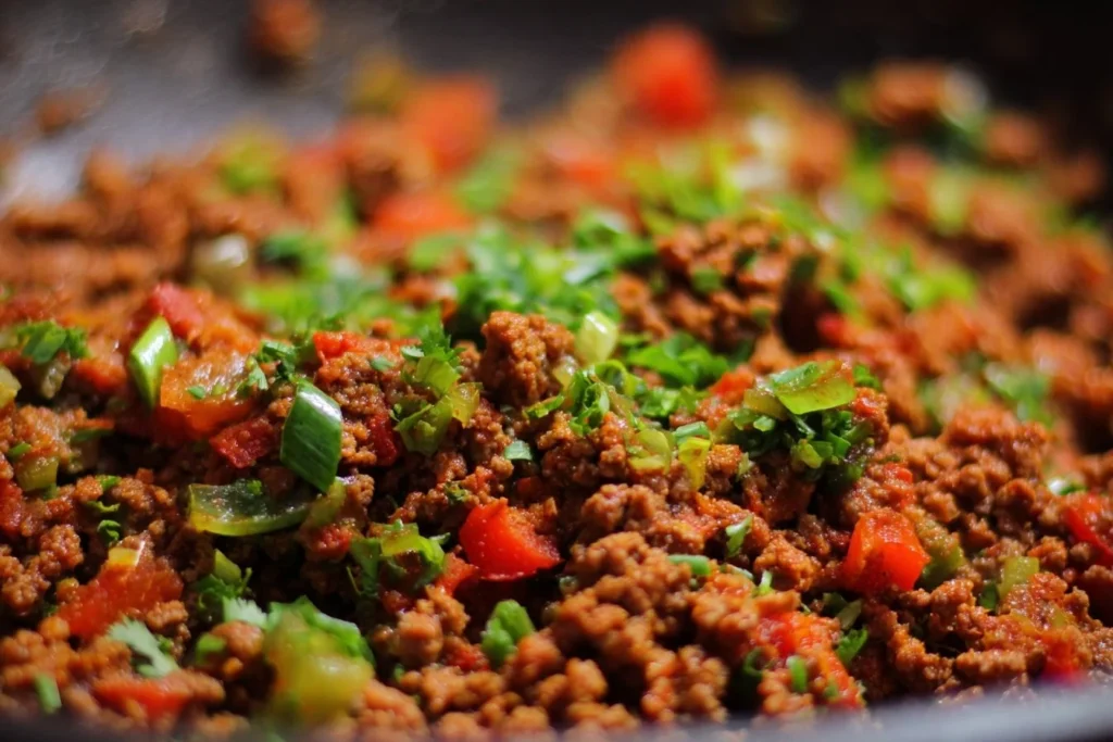 A delicious homemade ground beef recipe on a plate with fresh herbs
