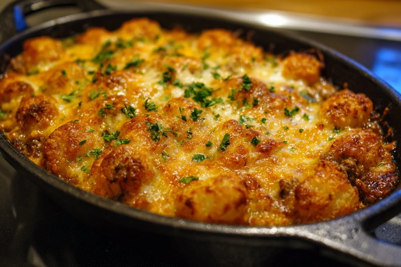Ground Beef Tater Tot Casserole topped with golden crispy tater tots