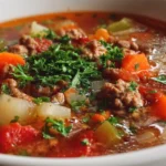 Hearty ground beef vegetable soup with fresh ingredients