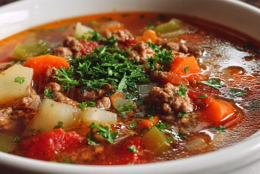 Hearty ground beef vegetable soup with fresh ingredients