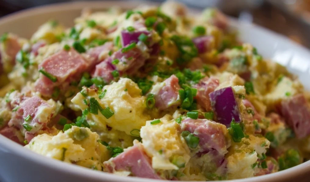 A bowl of homemade ham salad made with diced ham, celery, and mayonnaise.