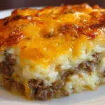 Hashbrown casserole with ground beef served in a baking dish