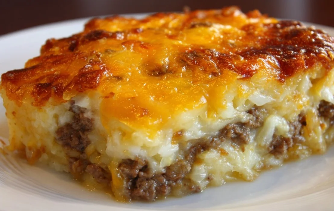 Hashbrown casserole with ground beef served in a baking dish