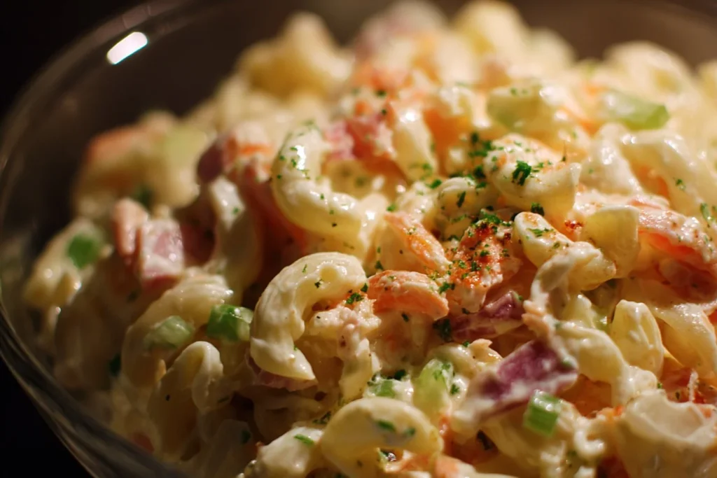 Bowl of Hawaiian Macaroni Salad with colorful ingredients and creamy dressing