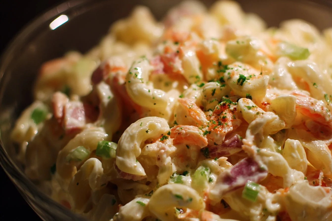 Bowl of Hawaiian Macaroni Salad with colorful ingredients and creamy dressing
